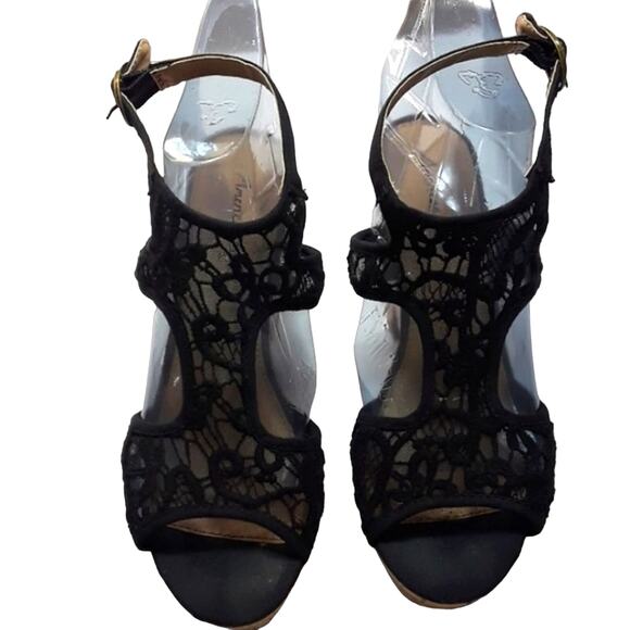 American Eagle Womens Sz 9 BOHO Festival Black Lace Platform 4" Wedge Heels - Picture 1 of 12